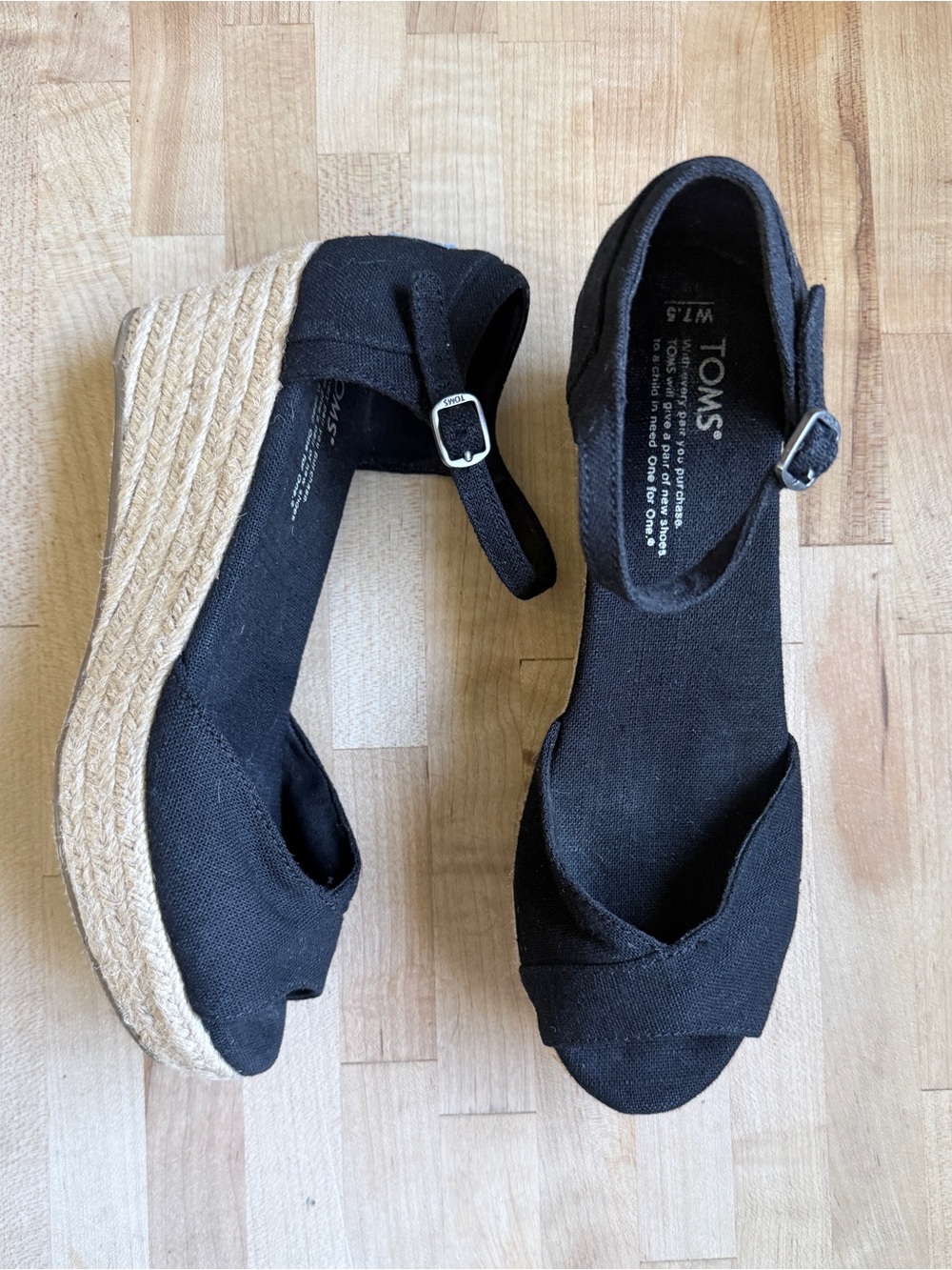 TOMS Black Canvas Espadrille Wedge Sandals with Ankle Strap
